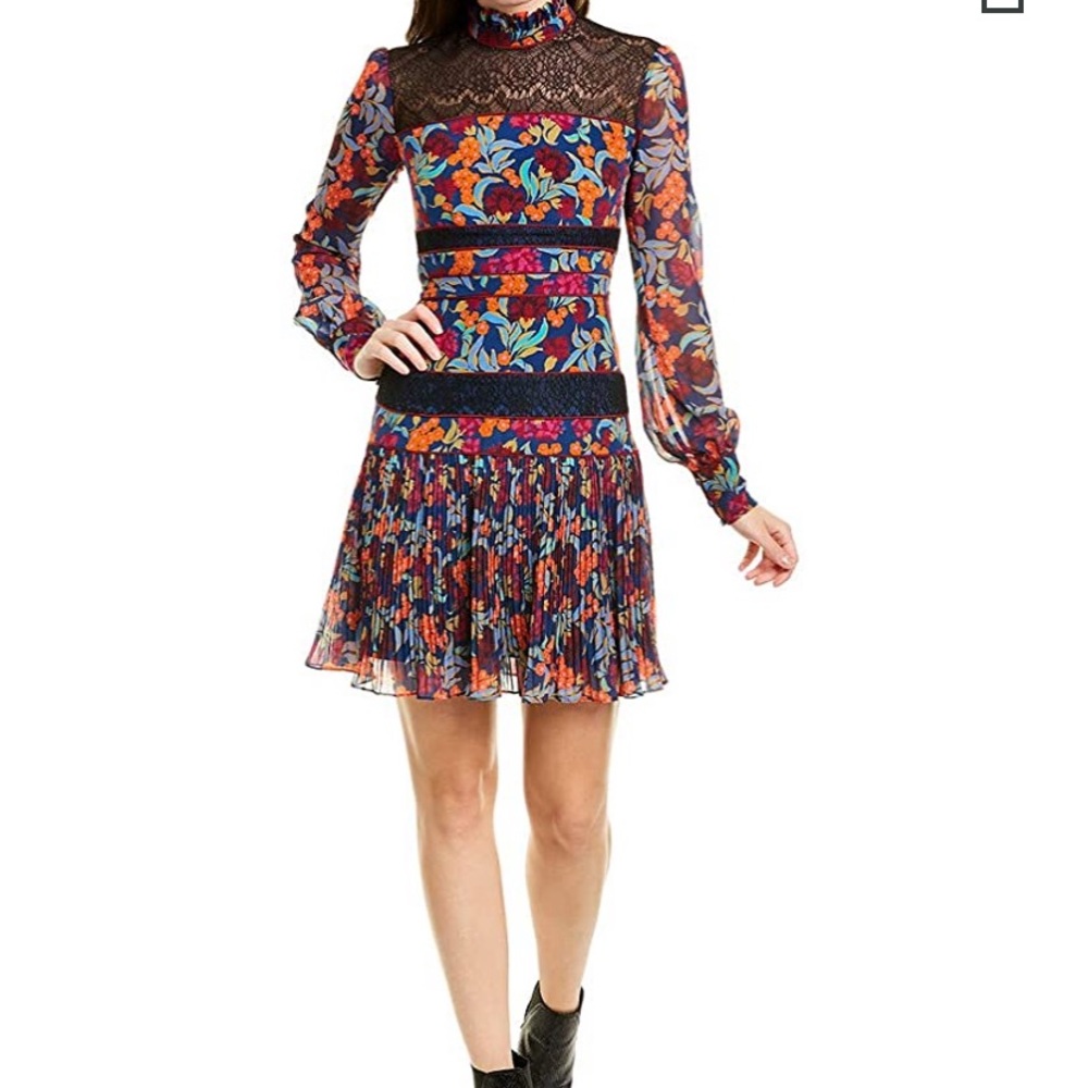 Saloni Dina Tropical Lace Panel Silk Minidress